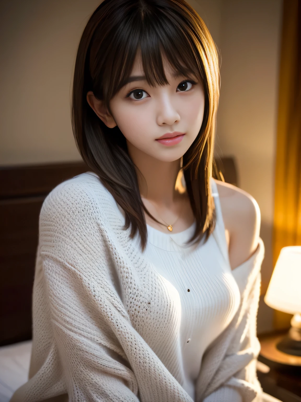 low light:1.3, Midnight, (Dark bedroom scene featuring a beautiful woman), darkness:1.2, shadow, Ultra High Definition, Superior Quality, Premier Quality, ultra detailed, Photorealistic, 8k, RAW Photos, highest quality, masterpiece, Attractive girl, Stunning girl, Brown Hair, Shoulder Length Layered, asymmetrical bangs, K-pop Idol, Sophisticated, Stylish, white knit,