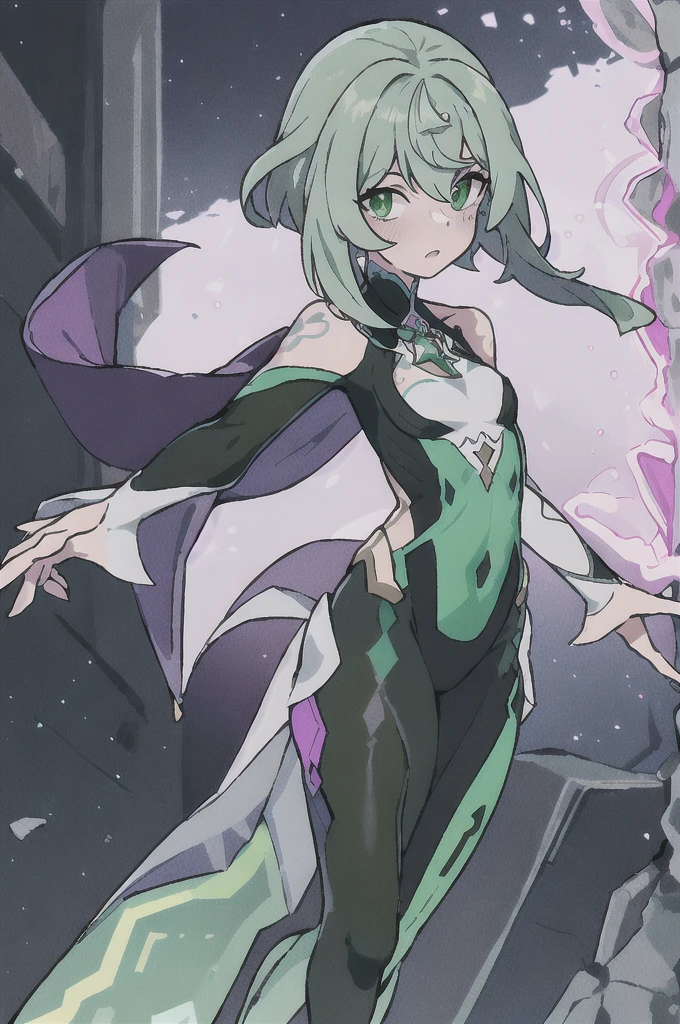 create a full-body female Genshin Impact character, with medium hair down to the waist in pink, skin fair, green eyes mixed with purple, her clothes at the top are a dark green bodysuit along with a semi-decorated dress in green and white., part of the dress covers the shoulders but half leaves the front uncovered, showing the dark green bodysuit, she is from the dendro element