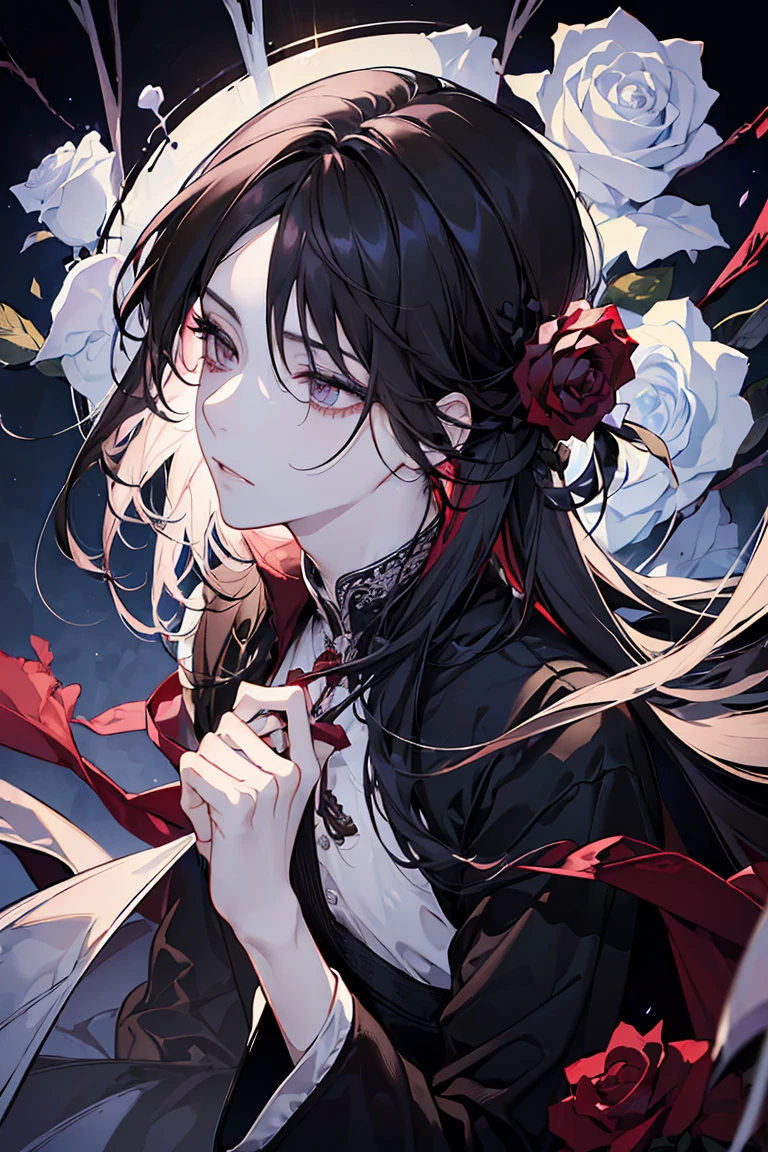 (best quality) (1 male), adult 25 years, ((long dark-rose hair)), long disheveled pearl hair, (eyes is completely black, the white of the eye is black), pale skin, thorny vines entwine the hair, gentle delicate facial features, aristocrat's clothes, black cloak covers his head, half-body