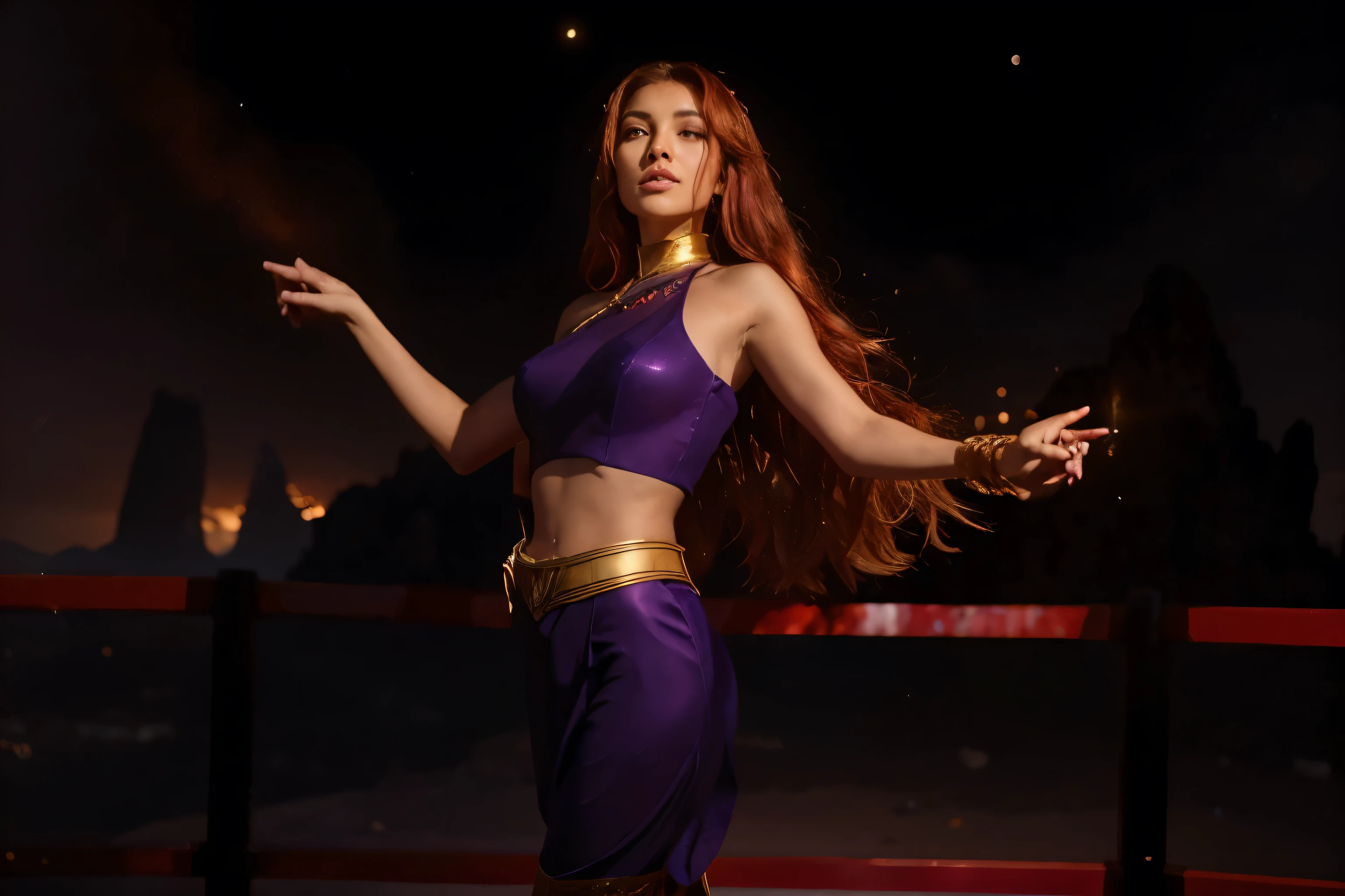 (Best quality, 8k, 32k, Masterpiece, UHD:1.2) "Imagine the vibrant and exotic world of Tamaran, Starfire’s home planet from The Teen Titans. Envision a lush and colorful landscape bathed in the golden light of multiple suns, casting a warm and radiant glow over everything. The sky is a brilliant spectrum of oranges, purples, and pinks, creating breathtaking sunsets and dawns that paint the horizon with vivid hues.
The terrain is diverse and spectacular, featuring soaring mountains with jagged peaks, vast, rolling plains covered in alien flora, and sparkling azure oceans that stretch as far as the eye can see. Exotic plants and trees with luminescent leaves and flowers dot the landscape, their colors more vivid and varied than those on Earth.
In the heart of Tamaran, grand and majestic cities rise. The architecture is a blend of organic and futuristic designs, with towering spires and flowing structures made of crystal and stone. These buildings are adorned with intricate carvings and glowing gemstones that pulse with an inner light, reflecting the advanced yet nature-integrated technology of Tamaran.
In the bustling marketplaces, Tamaranians—tall, golden-skinned humanoids with vibrant hair colors—move gracefully, their attire a mix of regal and functional, often adorned with precious metals and gems. The air is filled with the melodic sounds of their language and the fragrant scents of exotic spices and flowers.
Above, massive flying creatures glide through the air alongside sleek, advanced spacecraft, both integral parts of Tamaranian life. The sky is often filled with the hum of energy as these vessels move between the planet’s many regions.
Capture the essence of Tamaran's dual nature: its wild, untamed beauty and its sophisticated, harmonious civilization. The planet is a place where nature and technology coexist seamlessly, embodying the spirit of adventure and wonder that characterizes Starfire's origins."