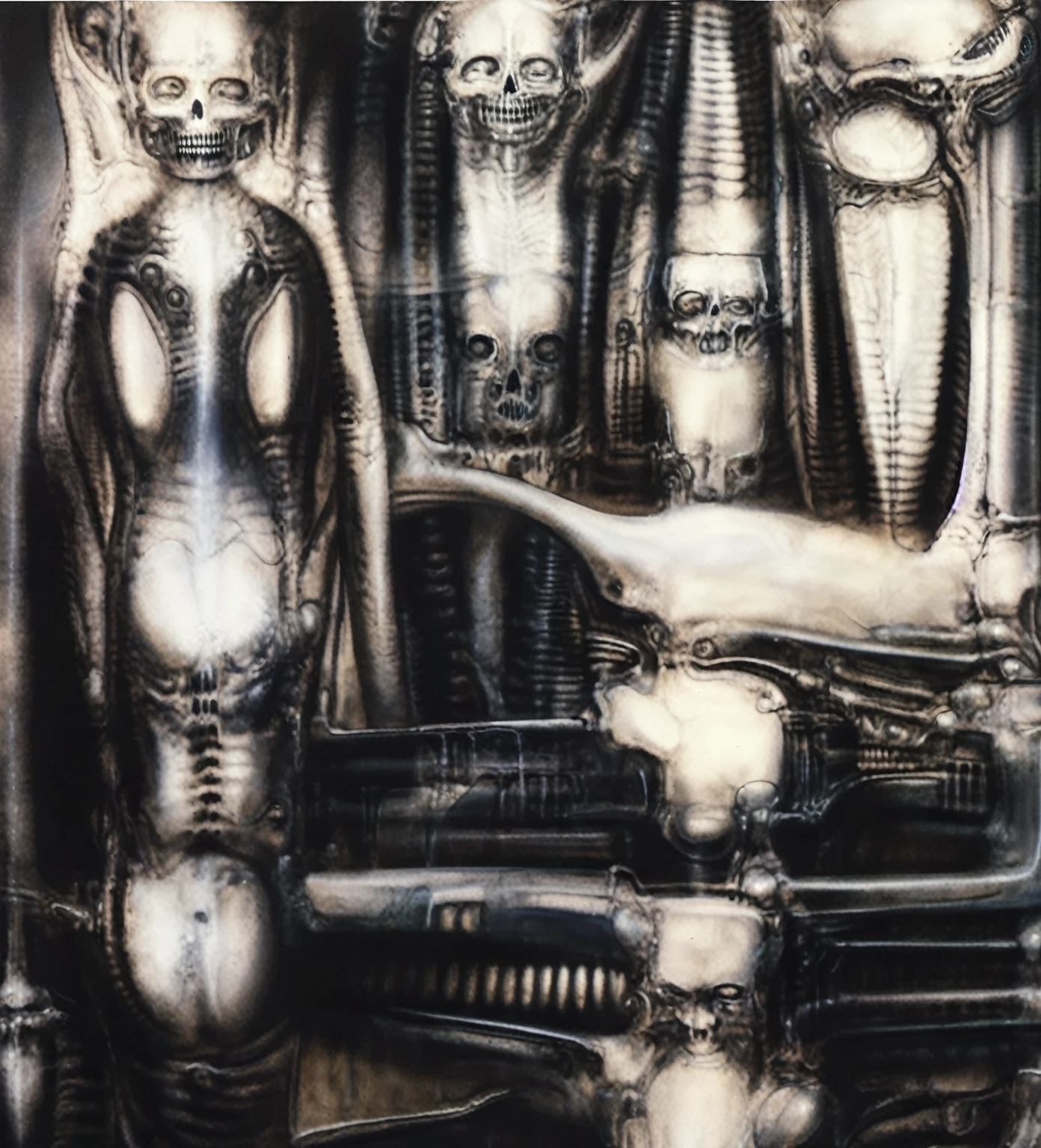 airbrush Giger_style, The image is a detailed view of H.R. Giger's \" Biomechanical Landscape No 312 \" plate, featuring a complex network of bones and organs in a purple-brown hue ,swirling gray and brown colorsgroup of three alien figures positioned in the foreground.  Emaciated and skeletal, with hollow eyes, they appear to be constructed from bone and  metallic  elements,  a  characteristic  fusion  of  organic  and  mechanical  forms  found  in  Giger's  biomechanical  art.  One figure sits on a simple chair,  while  the  other  two  flank  it  on  either  side,  suggesting  a  hierarchy  within  the  group.  The background is a dark and  limited  space  painted  in  a  uniform  red  color.  This  lack  of  detail  keeps  the  focus  on  the  figures  and  creates  a  sense  of  mystery  about  their  environment.  Receding into the distance  are  a  series  of  arches  and  tunnels  that  hint  at  a  larger  biomechanical  landscape,  possibly  the  work  of  the  creatures  themselves The artwork is silver and purplish brown, with an ivory bones prominently displayed. The image is highly detailed and intricate, almost like a 3d version of a medical diagram (detailed view of an anatomy model, possibly of a human body, with transparent organs and bones exposed). The piece has a thick mechano-organic texture and is covered in fine details. The image has a swirling, organic quality to it. The artistic manner would be unmistakably Gigeresque. A dark and unsettling beauty would permeate the piece, blurring the lines between fascination and repulsion , forever haunted by the grotesque allure. Giger's signature artistic manner would be evident in every stroke. The airbrush would be wielded with masterful precision to create a hyperrealistic yet nightmarish aesthetic.,hrgiger,H.G. Giger Style, Biomechanics,HRGigerArhP style in HRGigerArhP style, abstract, mechanical chaos, muted colors, 