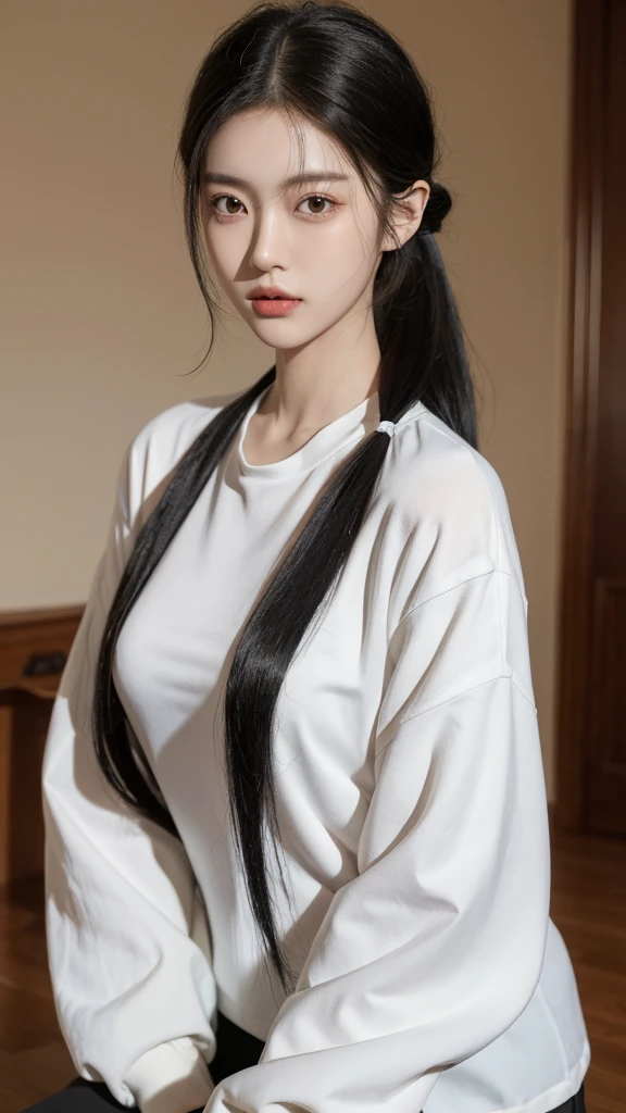 korean model , slim body , 167cm ，Movie Angle，long black ponytails hairstyle, （Cute girls，anatomy correct，modern Masterpiece loose blouses），（ art，Quilted art，geomerty），（plethora of colorest quality，high detal，tmasterpiece，Cinematic lighting effects，4K，Chiaroscuro）