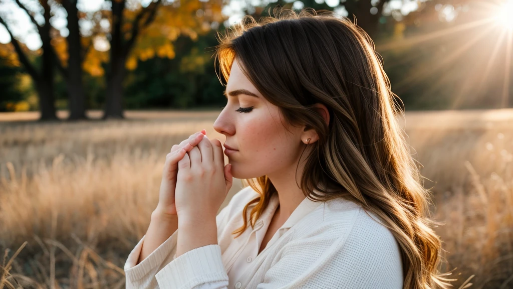 a 25 year old Americana woman in profile has her hands together praying, she is on her knees praying with her eyes closed, LIT WITH SUNLIGHT, ULTRA REALISTIC IMAGE, The style is a realistic photograph using a 50mm lens in 8k and applying contrast, 8K