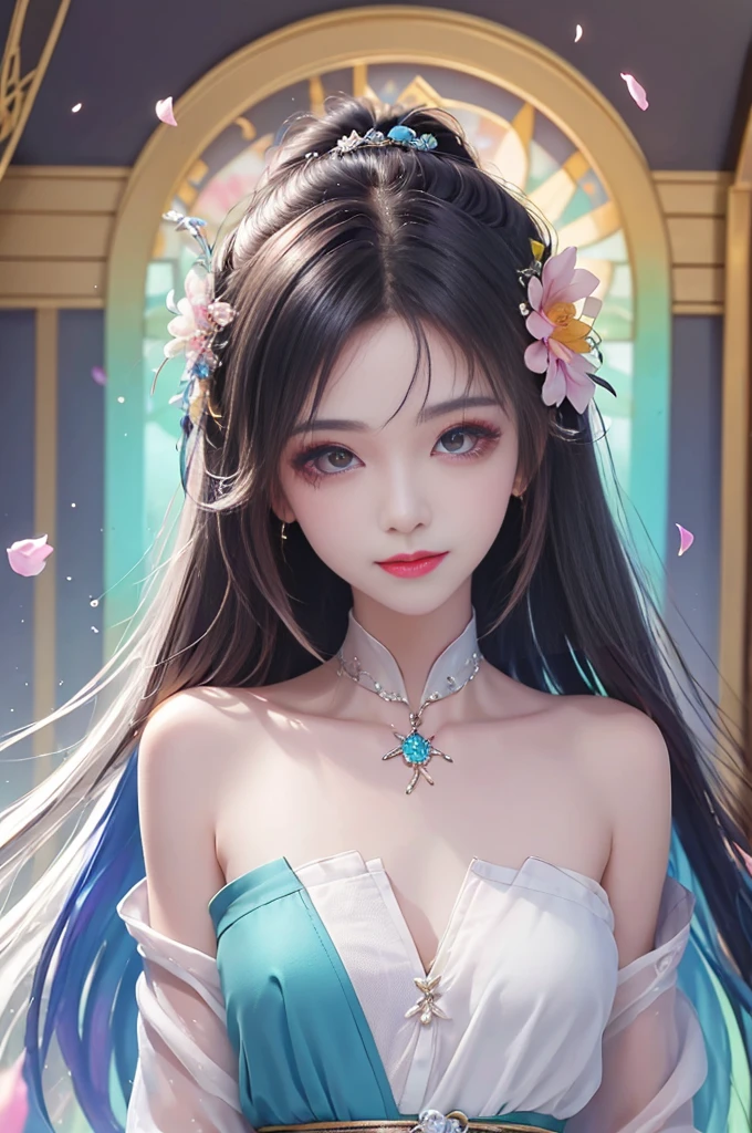 （Pink Fashion T-Shirt，：1.9），（Colorful Hair：1.8），（All the colors of the rainbow：1.8），（（（（Vertical pintng：1.6)）），（work：1.6），front，漫Painting,shape,work,Big eyes,Crystal Clear,（Rainbow gradient high ponytail：1.7）,Apply makeup carefully,Please keep your mouth shut,(little fresh:1.5),Long eyelashes,White Shoulder T-Camisole，, White shoulder shirt，Looking at the audience，水汪汪的Big eyes，(Rainbow Hair：1.6), Color splash, （alone：1.8）, Color splash, An explosion of colors, Color splash, An explosion of colors, Thick Painting style，Messy Lines，((The Shining,)) ，(Rich and colorful，，，，), Thick Painting Style, (splash) (Color splash), Vertical Paintinging, Upper Body, Painting splash, Acrylic paint, slope, Painting, Best image quality, 最高Painting质, masterpiece, alone, Written boundary depth, Face Painting, Rich and colorful clothes, (Grace: 1.2), Nice, Long Hair, Made of wind, (Grace: 1.3), (Like a petal: 1.4)，(((masterpiece))),(((Highest quality))),((Very detailed)),(shape),(Dynamic Angle),Sitting naked on the bed、Two Asian women looking at each other, chest, Nipples, nude, Black Hair, belly button, Realistic, 1 Girl, Indonesian, Upper Bodyのポートレート, Big smile, Smooth skin texture, ((floating)),(pint),((Hair removal)),(alone),(1 Girl) , (( (Detailed anima face))),((Beautiful and delicate face)),collar,Bare shoulders,Gray Hair,((Colored Hair)),((Striped Hair)),Beautiful and delicate eyes,(slope eyes),(( （Colored eyes））），（（（Rich and colorfully background））），（（（High color saturation））），（（（Surrounded by Rich and colorful splashes））），（）Hanfu）