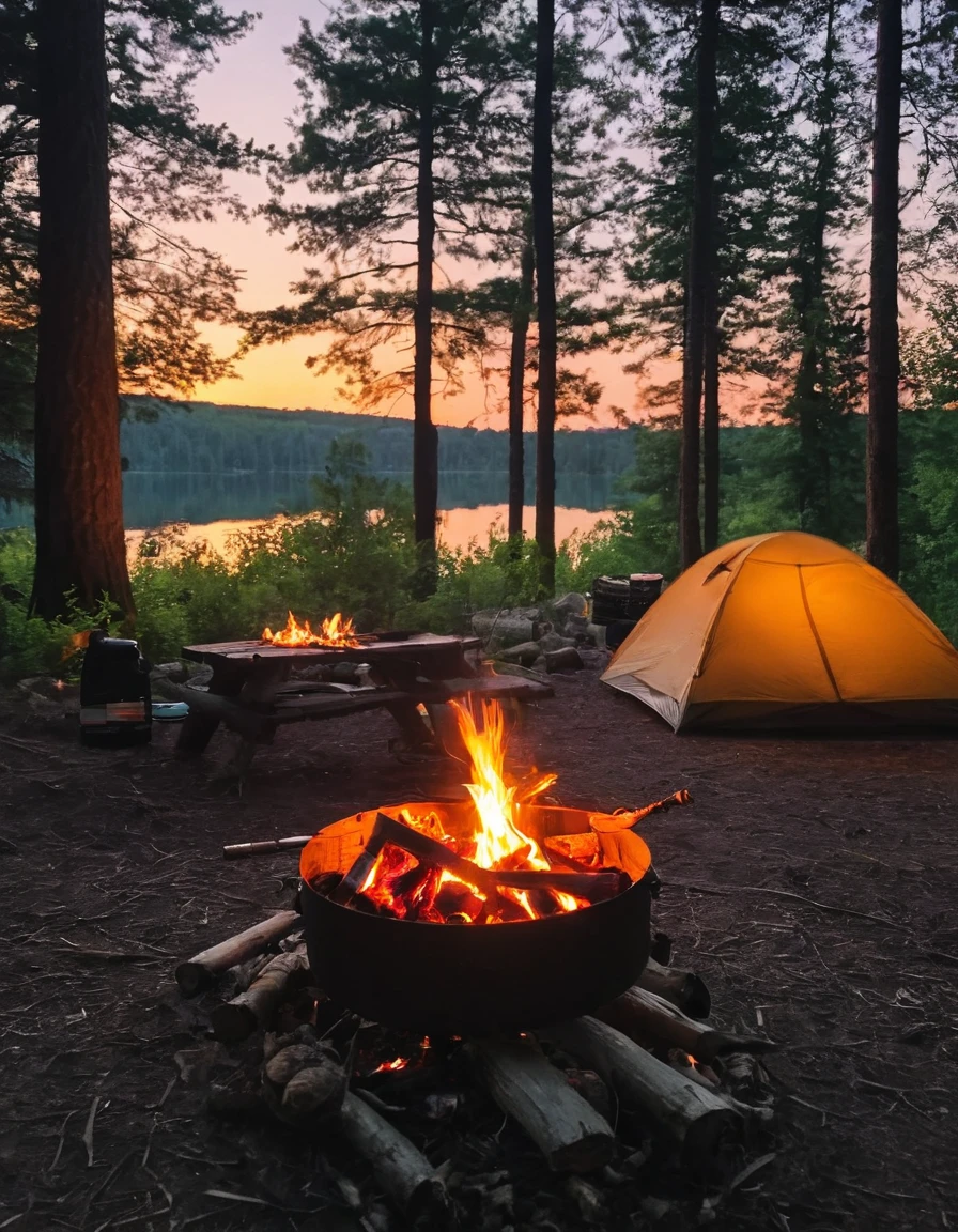 there is a campfire with food and a tent in the background, sunset colors, camping, campfire in background, camp fire, peaceful environment, campsites, setting in nature, summer setting, summer lake setting, all in the amazing outdoors view, at a campfire in the forest, outdoors setting, serene environment, summer evening, outdoor campfire pit, barrel fires and tents, beautiful environment, campfire