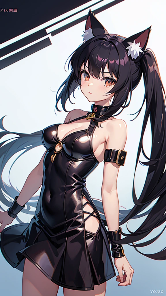 a young neko girl with cat ears,hair,arms,costume,medium ,medium body,game anime style,yu gi oh style,description area with brief character description and abilities,stat bar