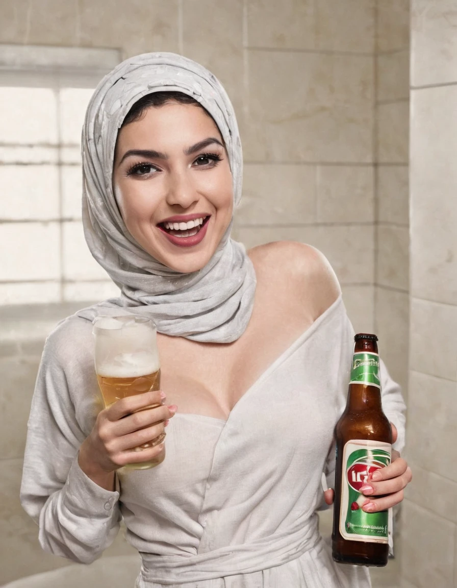  Eva Addams in Short hijab nude arm nude shoulder breasts standing in bathroom holding beer bottle laughing 