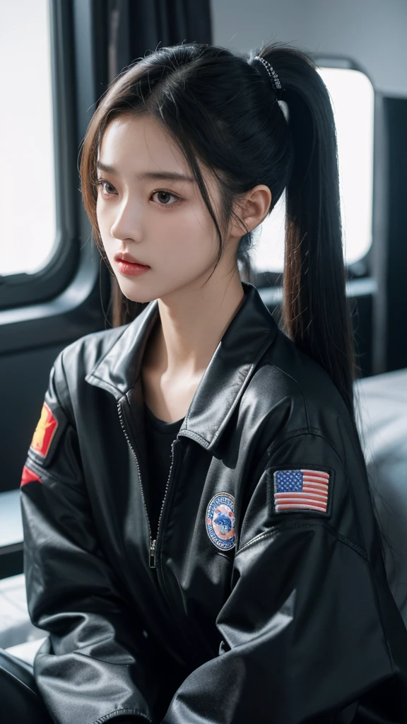 korean model , slim body , 167cm ，Movie Angle，long black ponytails hairstyle, （Cute girls，anatomy correct，Masterpiece flightcrew suit），（ art，Quilted art，geomerty），（plethora of colorest quality，high detal，tmasterpiece，Cinematic lighting effects，4K，Chiaroscuro）