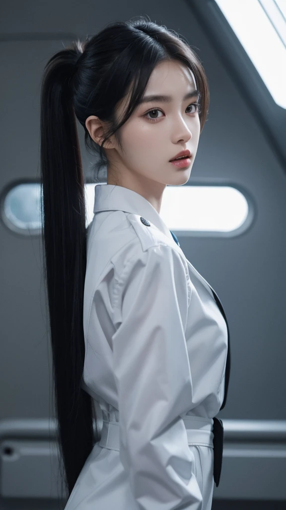 korean model , slim body , 167cm ，Movie Angle，long black ponytails hairstyle, （Cute girls，anatomy correct，Masterpiece flightcrew suit），（ art，Quilted art，geomerty），（plethora of colorest quality，high detal，tmasterpiece，Cinematic lighting effects，4K，Chiaroscuro）