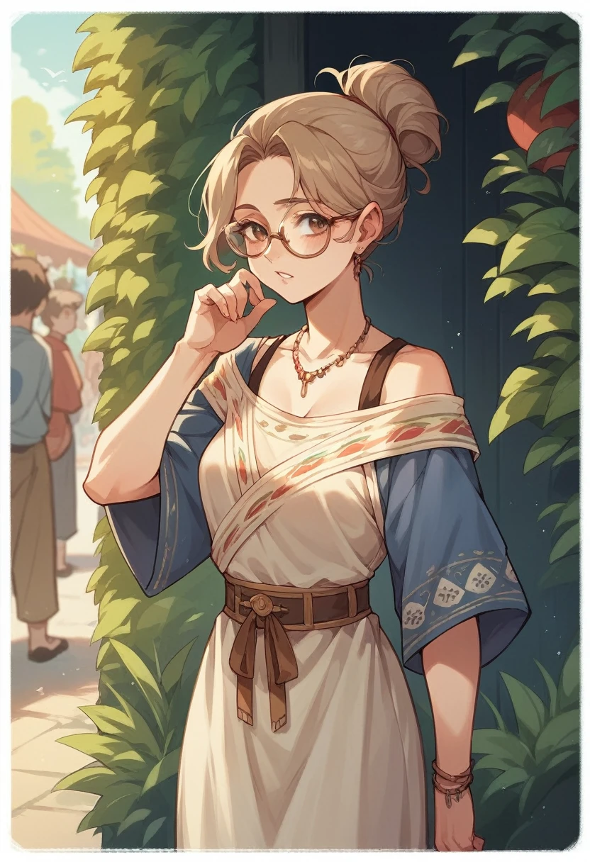 Cartoon-style image of a 63-year-old woman with shoulder-length light brown hair, wear glasses, wearing typical June festival clothes.