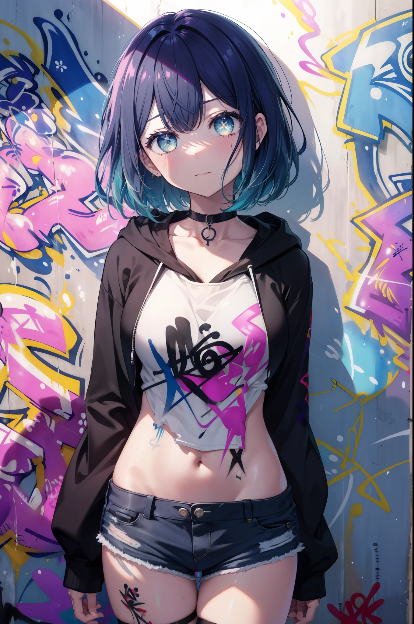 akanekurokawa, Akane Kurokawa, aqua eye, blue hair, medium hair, side lock,black hoodie,wearing a hood,denim shorts, choker, (graffiti:1.5), paint splatters, turn your arms behind your back, towards the wall, looking at the viewer, thigh strap, head tilt, was bored, blow bubble gum, pink bubble gum,
壊す looking at viewer,
break outdoors, destroy the back alley (masterpiece:1.2), highest quality, High resolution, unity 8k wallpaper, (figure:0.8), (detailed and beautiful eyes:1.6), highly detailed face, perfect lighting, Very detailed CG, (perfect hands, perfect anatomy),イヤリング