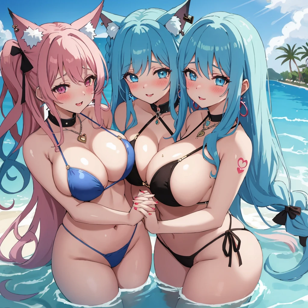 masterpiece, best quality, 2girls, duo, long hair, light blue hair, braid, curly hair, milf, huge , mommy, thick, succubus, expressive eyes, lipstick, earrings, necklace, big eyelashes, blush, seductive, beautiful, cute, adorable, fox ears, sexy, swimsuit, swimming pool, holding hands, heart eyes, heart tattoo, arousal, aroused, kissing, touching, lesbian, hentai, skinship, striptease, teasing partner, love, hard blush, hugging, nearly naked, horny, wet,
