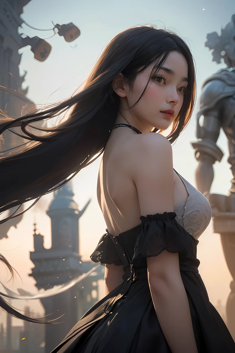 ((masterpiece, best quality)), ultra detailed 8k, photorealistic, sharp focus, highly detailed, professional lighting , shadowmancer, photo of a woman, ink particle, ((swirling black ink floating around)), futuristic fantasy, futuristic black dress, dynamic pose, realistic, masterpiece, intricate details, detailed background, depth of field, 