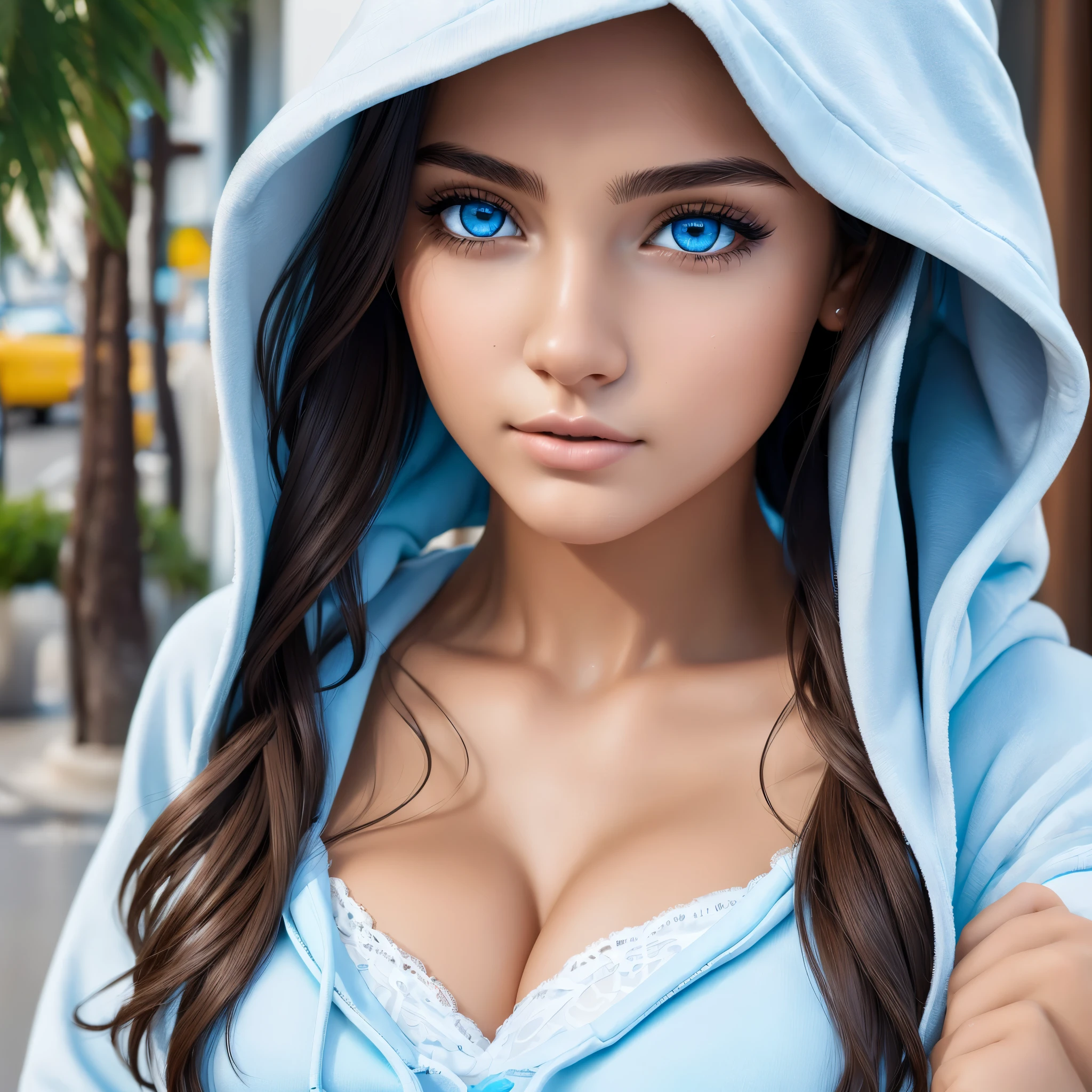 (Ultra Real), (Illustration), (High Resolution), (8K), (Very Detailed), (Best Illustration), (Beautiful Detailed Eyes), Brazilian girl wearing hoodie open white, 22 years old, showing baby blue strapless T-shirt, (big breasts:0.7)