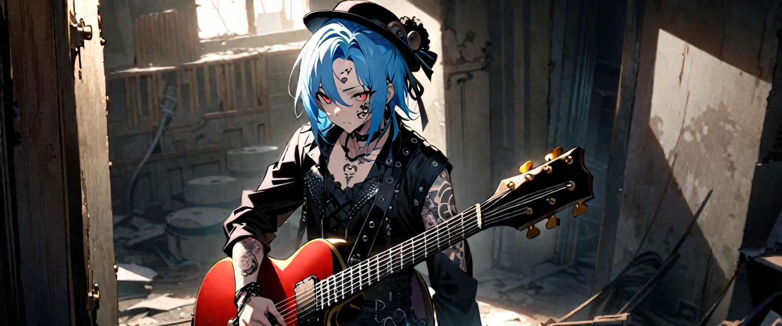 (((masterpiece,Highest quality))),((A male anime character with long blue hair and red eyes wearing a visual kei outfit and holding a guitar)),((Steampunk-style electric guitar)),((Standing with a guitar in an abandoned room)),(((silk hat,Tattoo on the right side of the face,))),Focus on the upper body,(high quality),アニメ