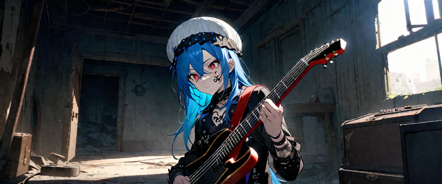 (((masterpiece,Highest quality))),((A male anime character with long blue hair and red eyes wearing a visual kei outfit and holding a guitar)),((Steampunk-style electric guitar)),((Standing with a guitar in an abandoned room)),(((silk hat,Tattoo on the right side of the face,))),Focus on the upper body,(high quality),アニメ