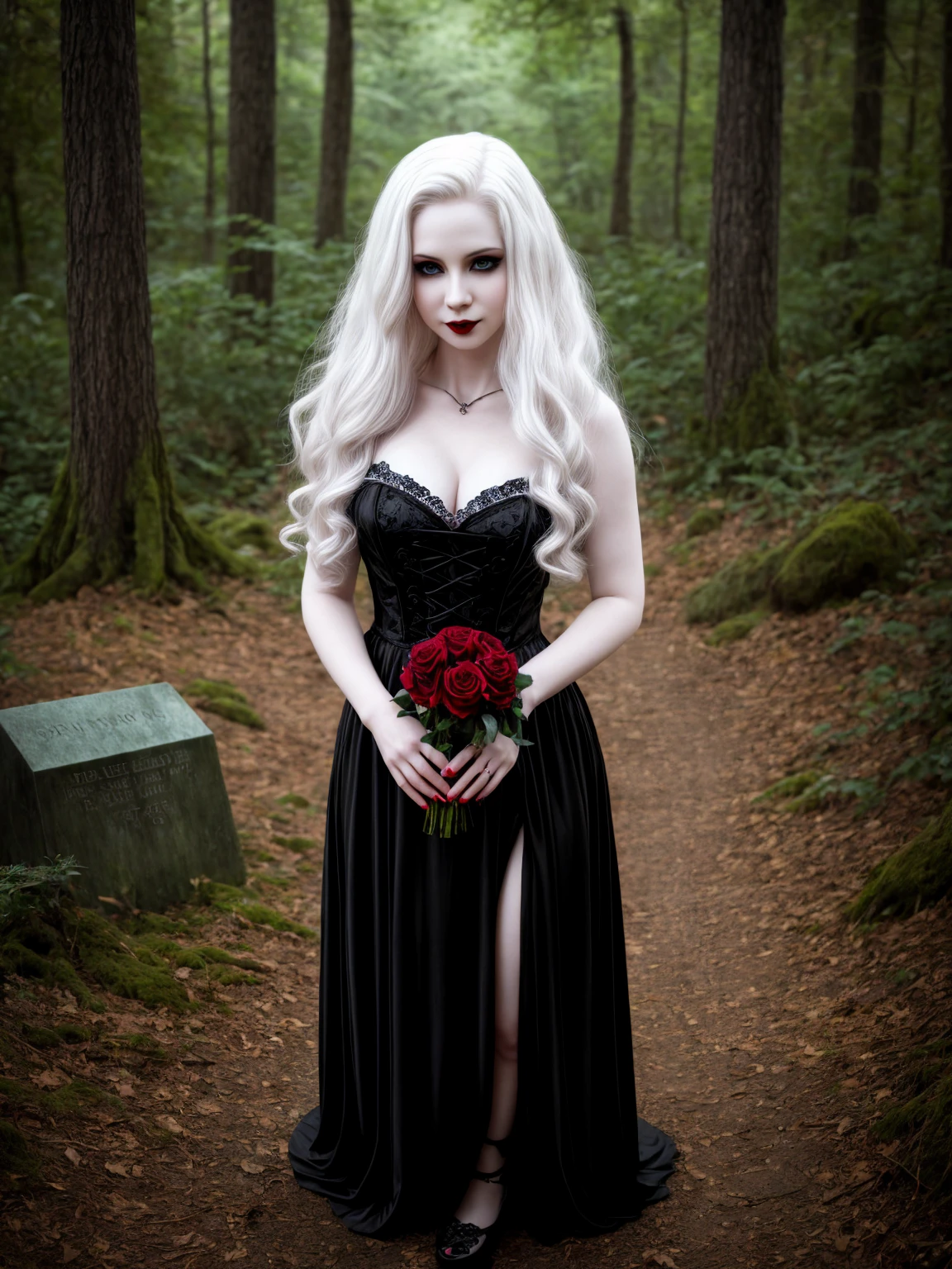 female sexy vampire|albino, pale porcelain skin, sexy vintage black dress, smile, shallow depth of field, grin|creepy, nightfall, detailed face, night, wide hips, narrow waist, portrait of woman standing, detailed eyes, portrait of woman standing, 8k RAW photo, highest quality, looking at the viewer, best shadow, intricate details, long hair, bright eyes, forest, grave, gothic, goth detailed, highres, high qualilty, high saturation