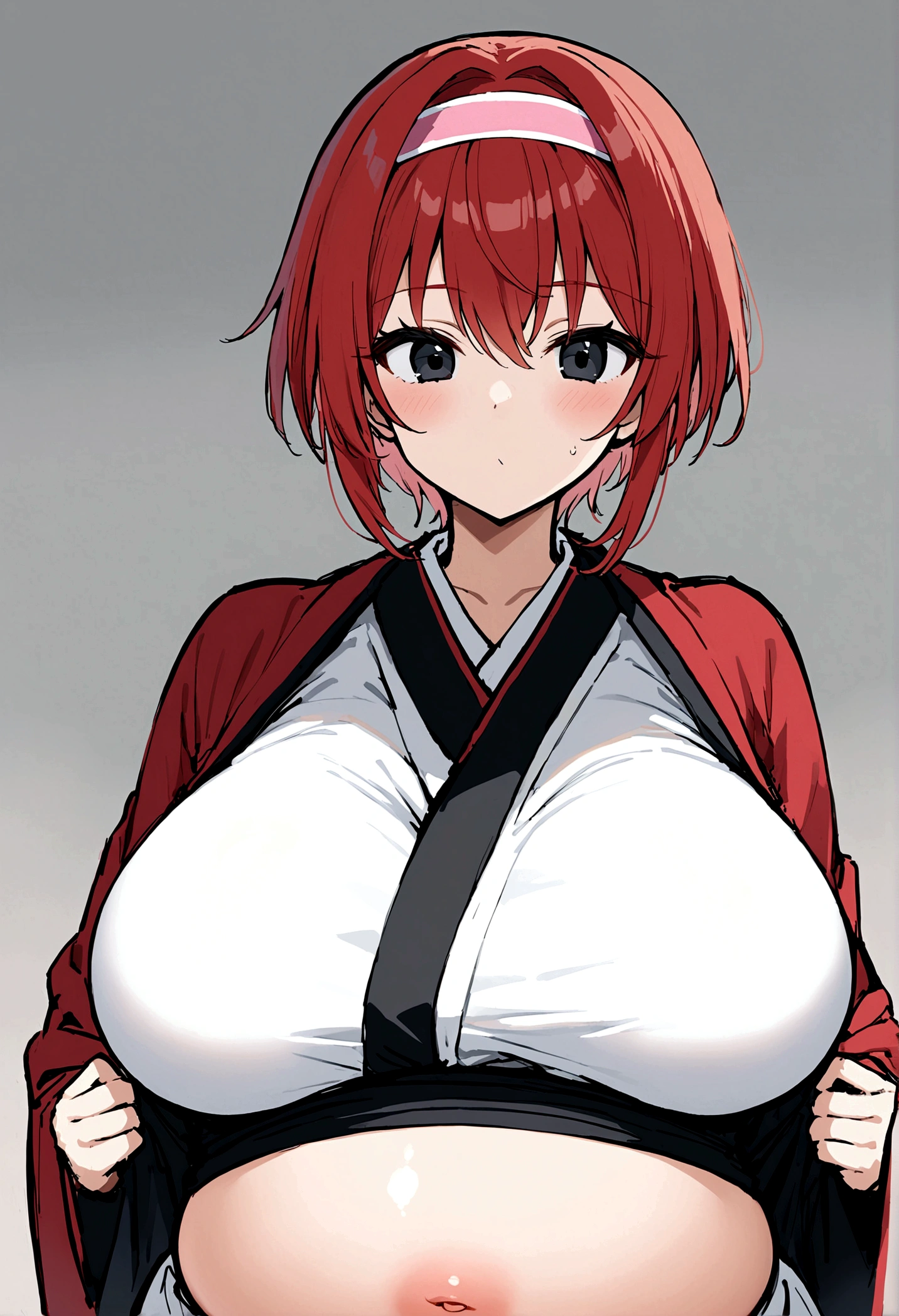 My name is Hikaru, I am a white test woman with long red hair and black eyes. I am 1.60cm tall and weigh 46kg. My breast sizes are 300 cm, my waist is 60 cm and my hips are 200 cm. Dressed in a traditional white kimono along with a pink headband. With big breasts 300 cm. with a pregnant belly