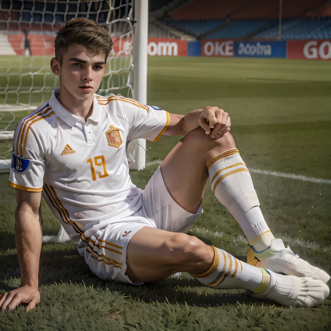 White-skinned young Spanish soccer player wearing white socks