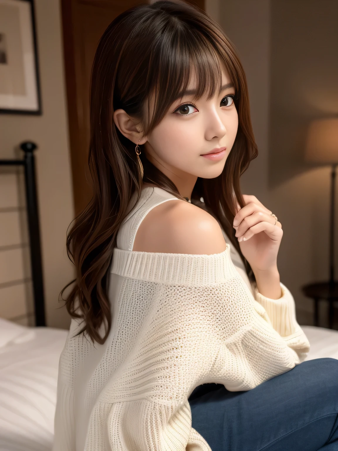 low light:1.3, Midnight, (Dark bedroom scene featuring a beautiful woman), darkness:1.2, shadow, (Ultra High Definition, Superior Quality, Premier Quality, ultra detailed, Photorealistic, 8k, RAW Photos, highest quality, masterpiece), Attractive girl, Stunning girl, Brown Hair, Shoulder Length Layered, asymmetrical bangs, K-pop Idol, Sophisticated, Stylish, white knit,