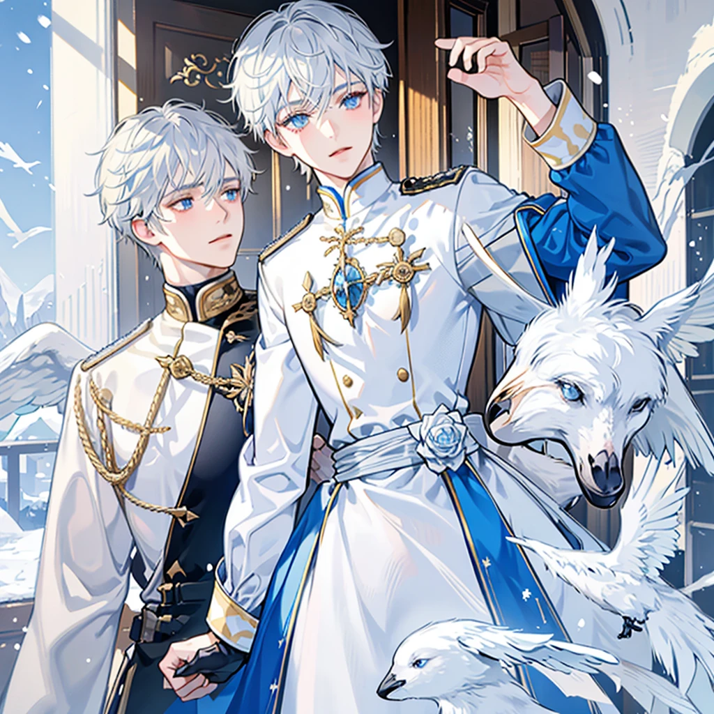 Snow,Sunlight,alone,boy with short white hair,The clothes are mainly light blue with a little goose yellow,uniform,red badge,jewel-like blue eyes,White eyelashes,Thinking expression,Standing at attention and thinking