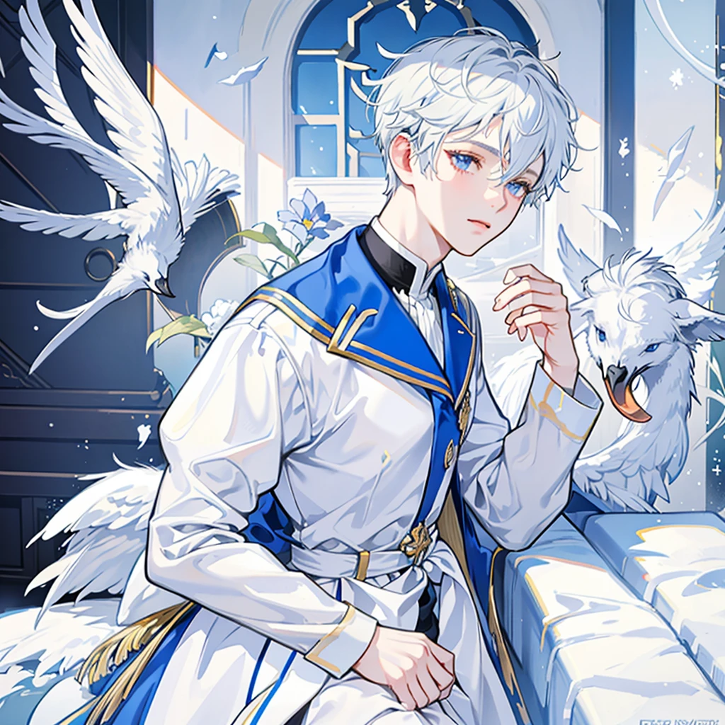 Snow，Sunlight，alone，boy with short white hair，The clothes are mainly light blue with a little goose yellow，uniform，red badge，jewel-like blue eyes，White eyelashes，Thinking expression，Standing at attention and thinking