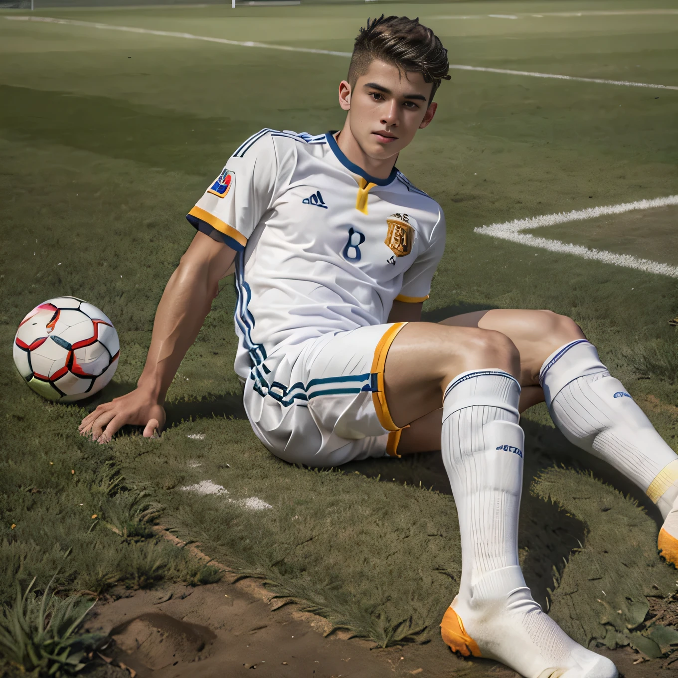 White-skinned young Spanish soccer player wearing white socks