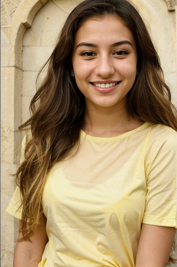 20YO, small nose, one women,attractive, Jordanian, Arab, Bright Yellow shirt, cute smile, cute face, white teethes, skinny face, light brown eyes, black/blonde long hair, modest