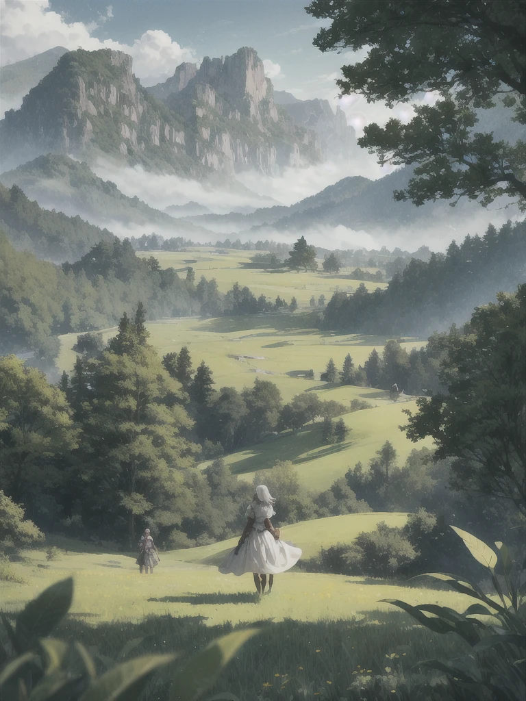 In a green meadow stands a girl leading a group of knights.
BREAK
With a brave expression, she guides them towards their destination.
BREAK
Behind her, a green forest stretches out and beyond that, mountains rise in the distance.
BREAK
The most suitable effect for this scene would be a watercolor painting technique to capture the softness of the meadow and the fluidity of the movement.