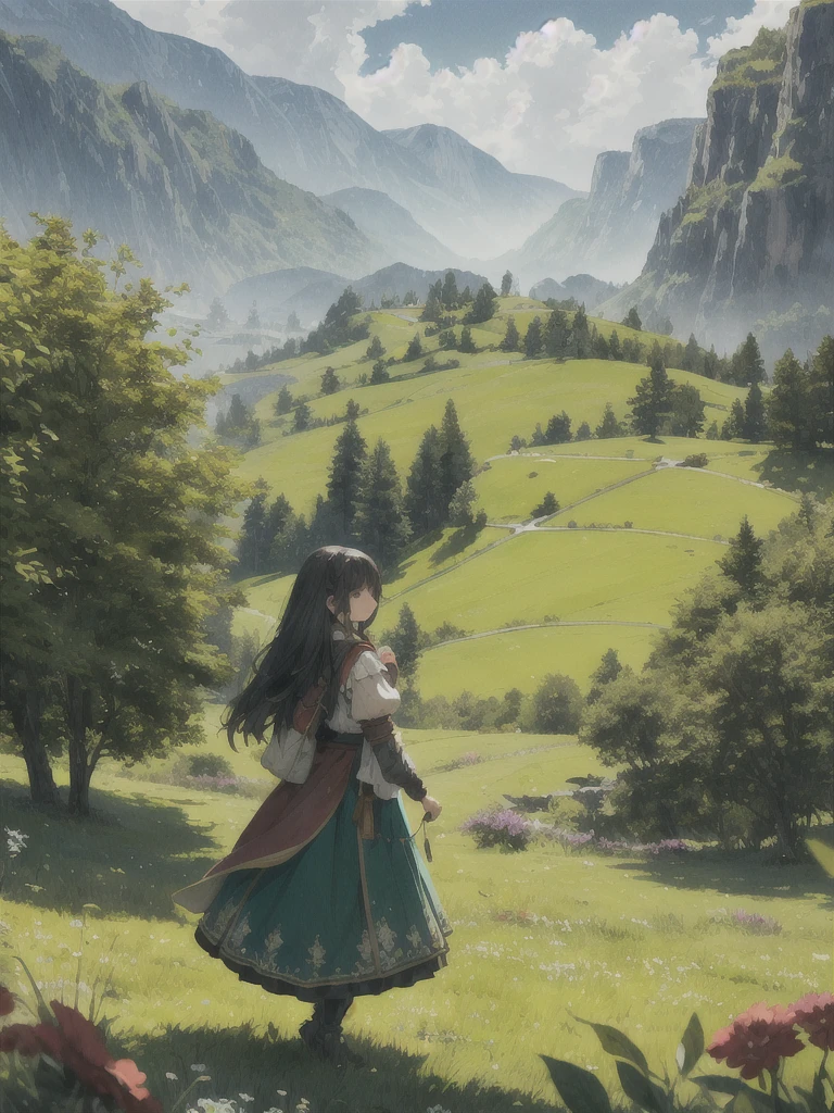 In a green meadow stands a girl leading a group of knights.
BREAK
With a brave expression, she guides them towards their destination.
BREAK
Behind her, a green forest stretches out and beyond that, mountains rise in the distance.
BREAK
The most suitable effect for this scene would be a watercolor painting technique to capture the softness of the meadow and the fluidity of the movement.