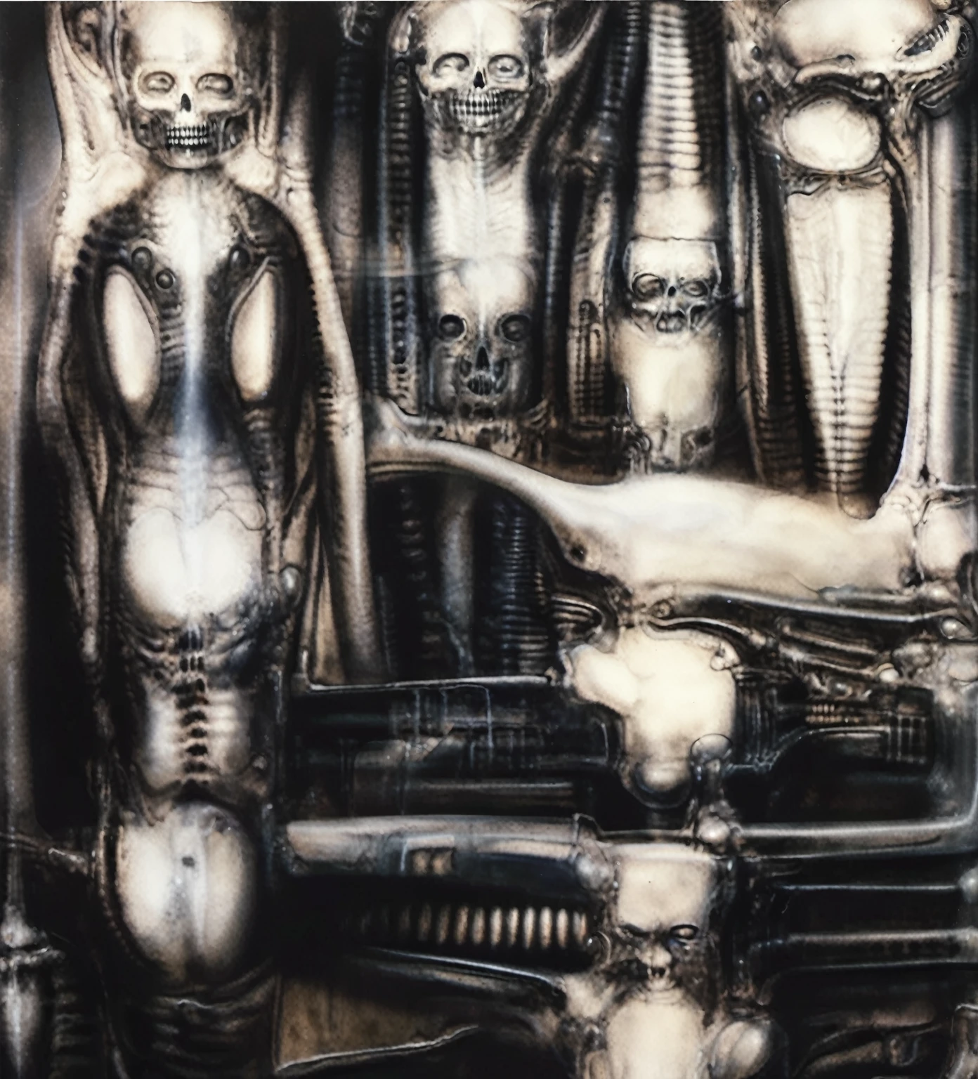 g1g3r, Giger_style, The image is a detailed view of H.R. Giger's \" Li II \" plate, featuring a complex network of bones and organs in a purple-brown hue ,swirling gray and brown colorsgroup of three alien figures positioned in the foreground. Emaciated and skeletal, with hollow eyes, they appear to be constructed from bone and metallic elements, a characteristic fusion of organic and mechanical forms found in Giger's biomechanical art.
The image features a robotic humanoid figure with intricate mechanical details, standing in a room with a glowing screen displaying the word \"EVE\" and a hand reaching out to touch its face. The background is a dark and limited space painted in a uniform blue-green color. This lack of detail keeps the focus on the figures and creates a sense of mystery about their environment. Receding into the distance are a series of arches and tunnels that hint at a larger biomechanical landscape, possibly the work of the creatures themselves The artwork is silver and purplish brown, with an ivory bones prominently displayed. The image is highly detailed and intricate, almost like a 3d version of a medical diagram (detailed view of an anatomy model, possibly of a human body, with transparent organs and bones exposed). The piece has a thick mechano-organic texture and is covered in fine details. The image has a swirling, organic quality to it. The artistic manner would be unmistakably Gigeresque. A dark and unsettling beauty would permeate the piece, blurring the lines between fascination and repulsion , forever haunted by the grotesque allure. Giger's signature artistic manner would be evident in every stroke. The airbrush would be wielded with masterful precision to create a hyperrealistic yet nightmarish aesthetic.., ooze soaked pajama top