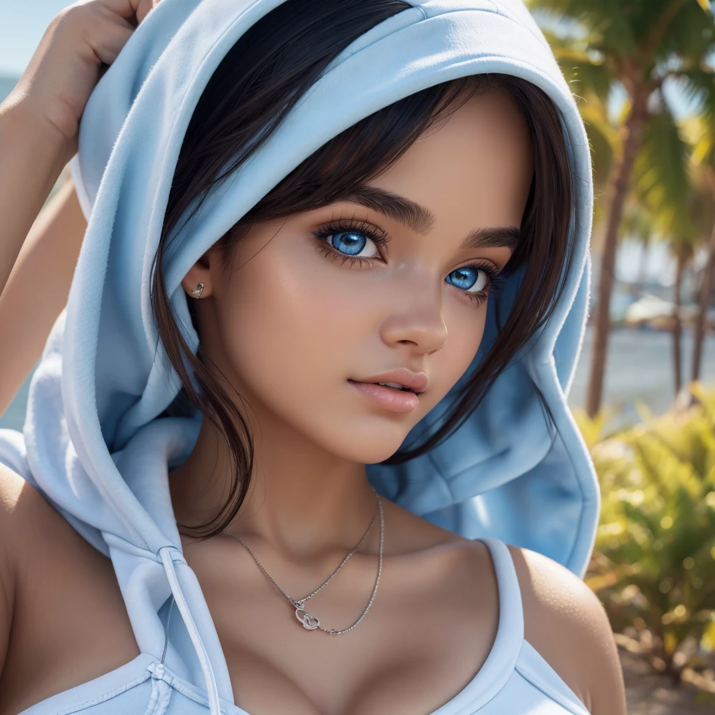 (Ultra Real), (Illustration), (High Resolution), (8K), (Very Detailed), (Best Illustration), (Beautiful Detailed Eyes), Brazilian girl wearing hoodie open white, 22 years old, showing baby blue strapless T-shirt, (big breasts:0.5)