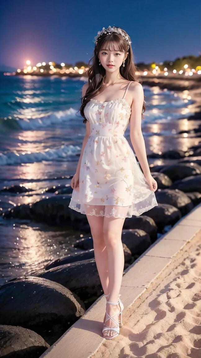 Little fairy standing on the seashore,Wear hair accessories,Lace floral dress,High heel,Charming,sweet and cute,Soft skin,The facial features are realistic and delicate,The beach is full of flowers,Starry Night,Dream Scene Photography,8K Ultra HD picture quality,Real-life photography