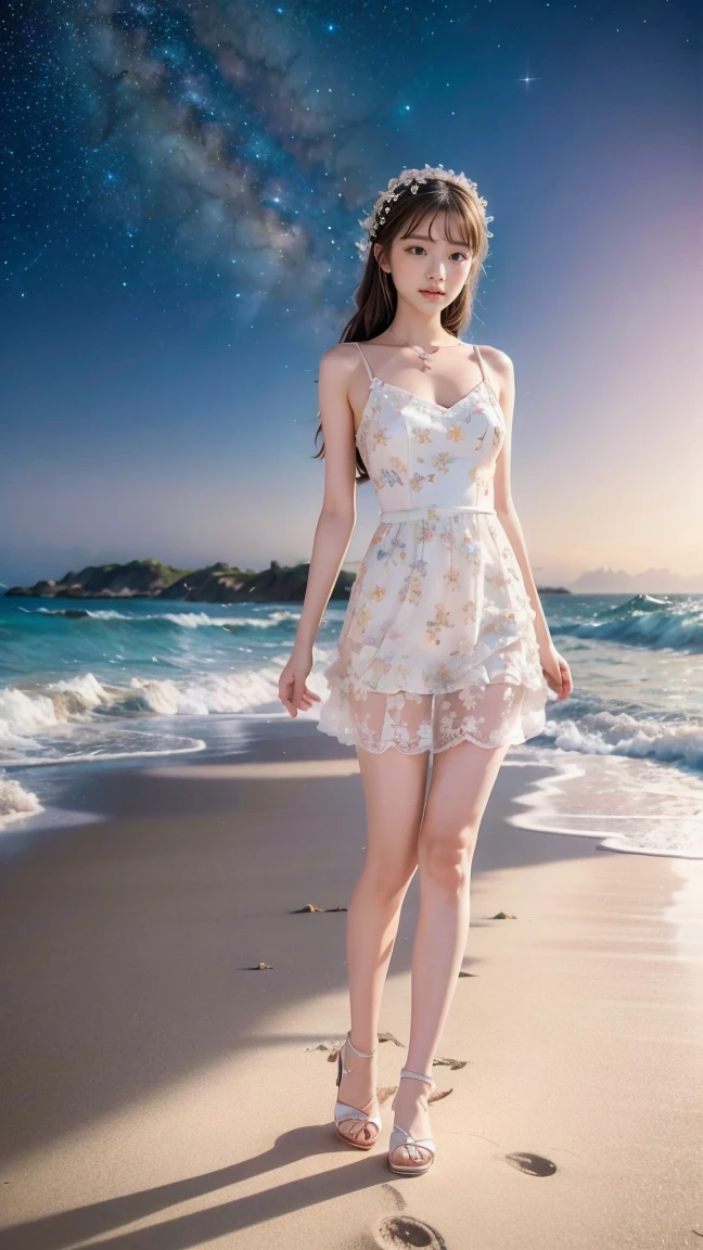 Little fairy standing on the seashore,Wear hair accessories,Lace floral dress,High heel,Charming,sweet and cute,Soft skin,The facial features are realistic and delicate,The beach is full of flowers,Starry Night,Dream Scene Photography,8K Ultra HD picture quality,Real-life photography