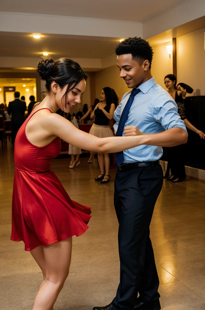 A girl is dancing with her partner romaticly