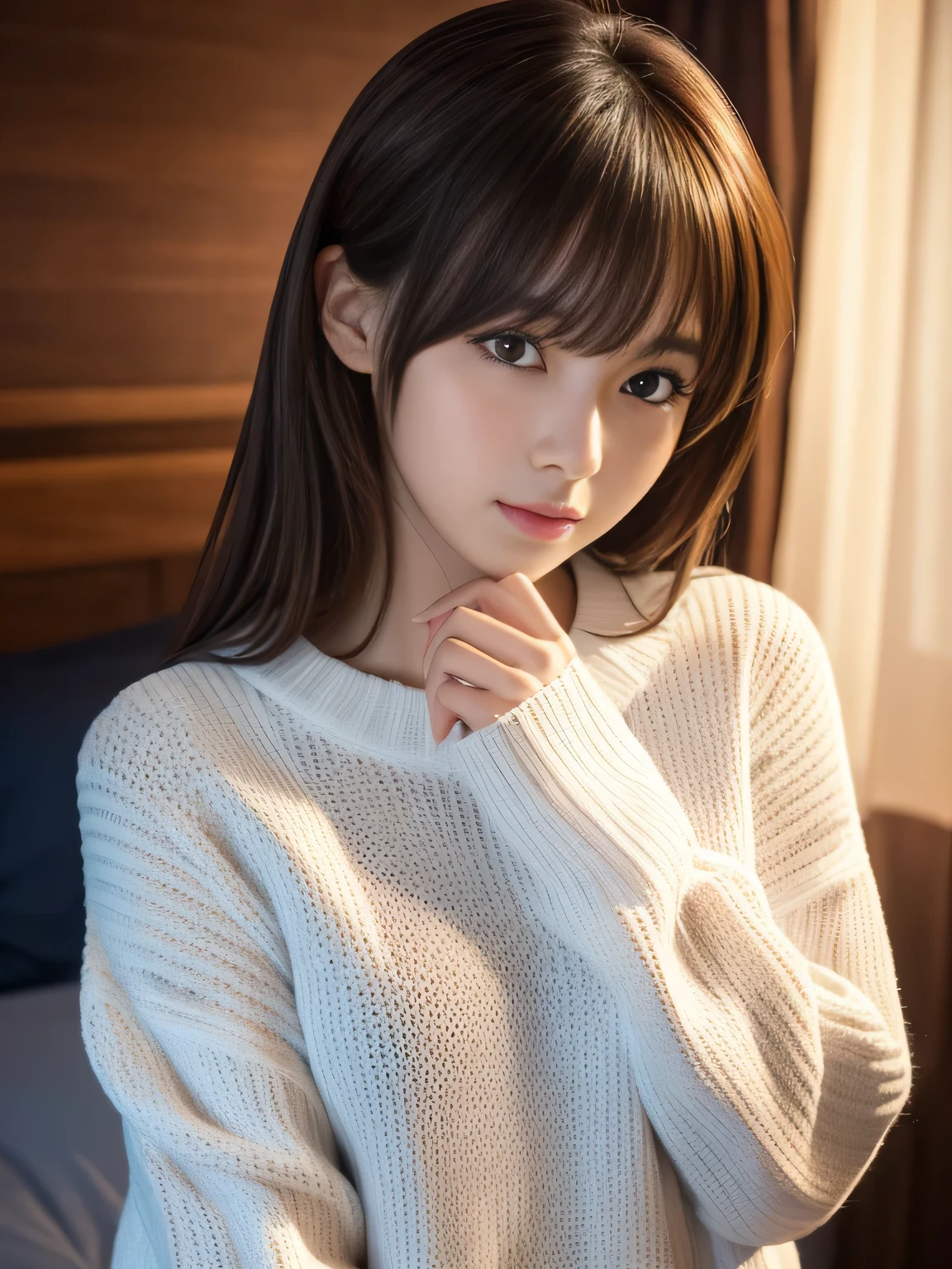 low light:1.3, Midnight, (Dark bedroom scene featuring a beautiful woman), darkness:1.2, shadow, (Ultra High Definition, Superior Quality, Premier Quality, ultra detailed, Photorealistic, 8k, RAW Photos, highest quality, masterpiece), Attractive girl, Stunning girl, Brown Hair, Shoulder Length Layered, asymmetrical bangs, K-pop Idol, Sophisticated, Stylish, white knit, 