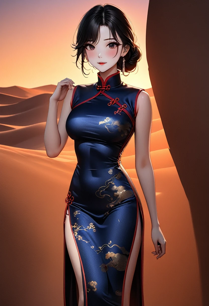 (best quality,4K,8K,high resolution,masterpiece:1.2),Very detailed,(Practical,photoPractical,photo-Practical:1.37),Chinese custom cheongsam,Gangsta Girl,Backlight,Deep Shadows,Silhouette Light,Simple and elegant cheongsam,Charming Chinese design,Simple style,Silk Road Fashion Show,Desert Background,Sunset,Cheongsam series