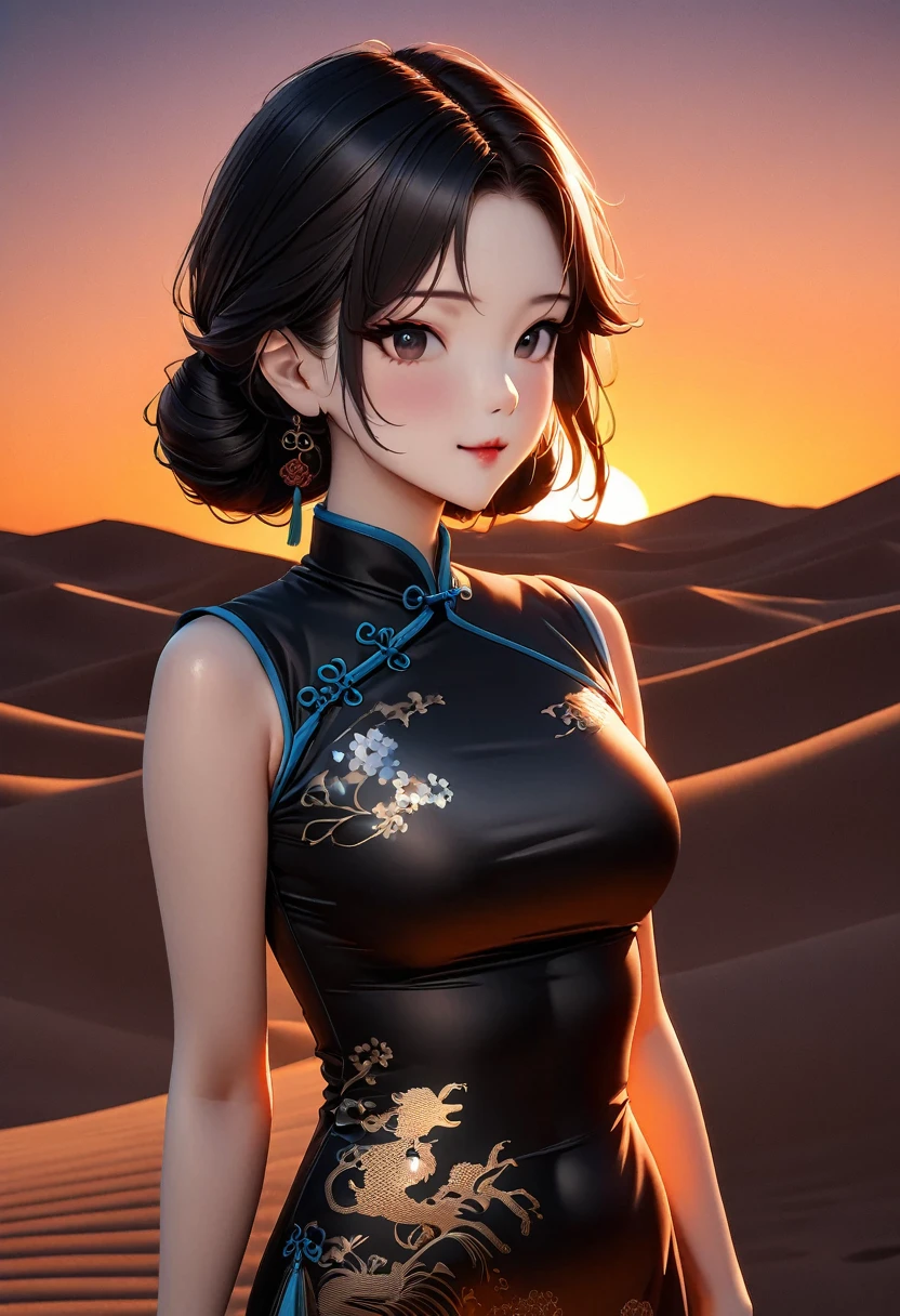 (best quality,4K,8K,high resolution,masterpiece:1.2),Very detailed,(Practical,photoPractical,photo-Practical:1.37),Chinese custom cheongsam,Gangsta Girl,Backlight,Deep Shadows,Silhouette Light,Simple and elegant cheongsam,Charming Chinese design,Simple style,Silk Road Fashion Show,Desert Background,Sunset,Cheongsam series