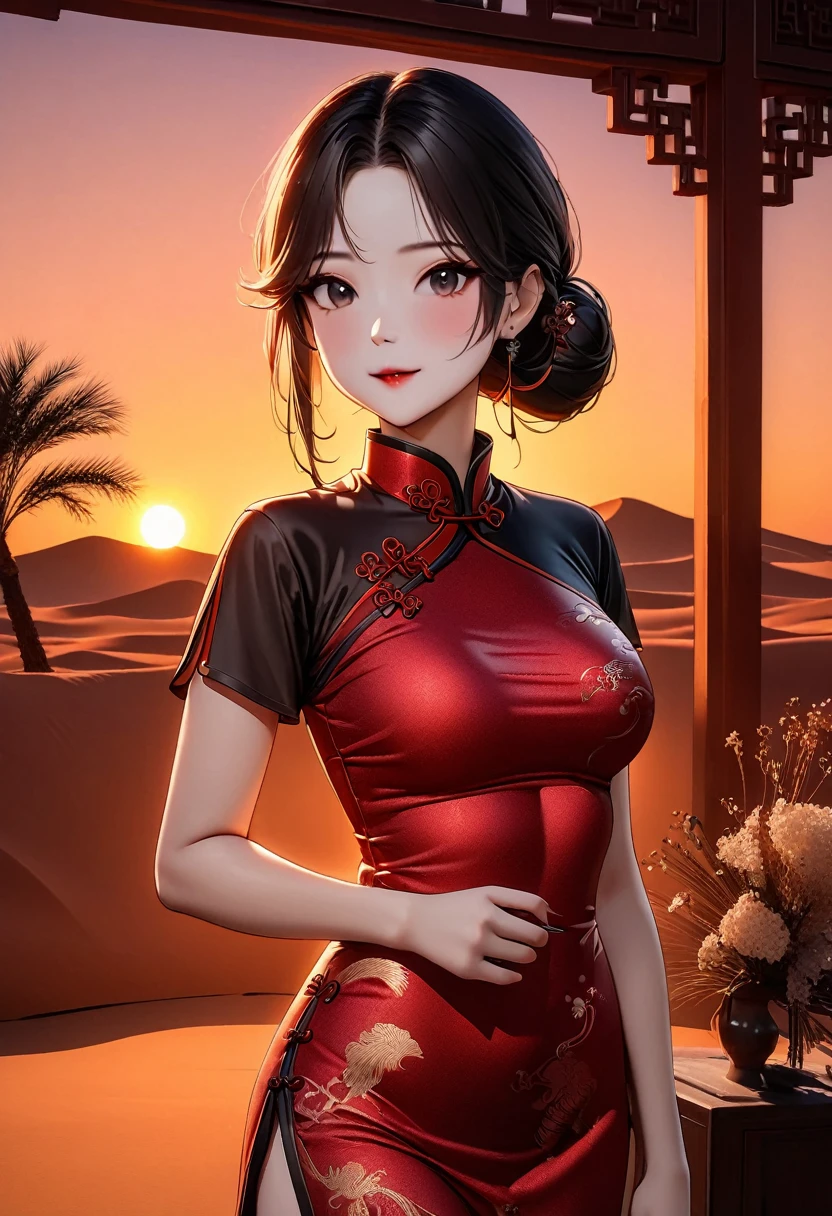 (best quality,4K,8K,high resolution,masterpiece:1.2),Very detailed,(Practical,photoPractical,photo-Practical:1.37),Chinese custom cheongsam,Gangsta Girl,Backlight,Deep Shadows,Silhouette Light,Simple and elegant cheongsam,Charming Chinese design,Simple style,Silk Road Fashion Show,Desert Background,Sunset,Cheongsam series