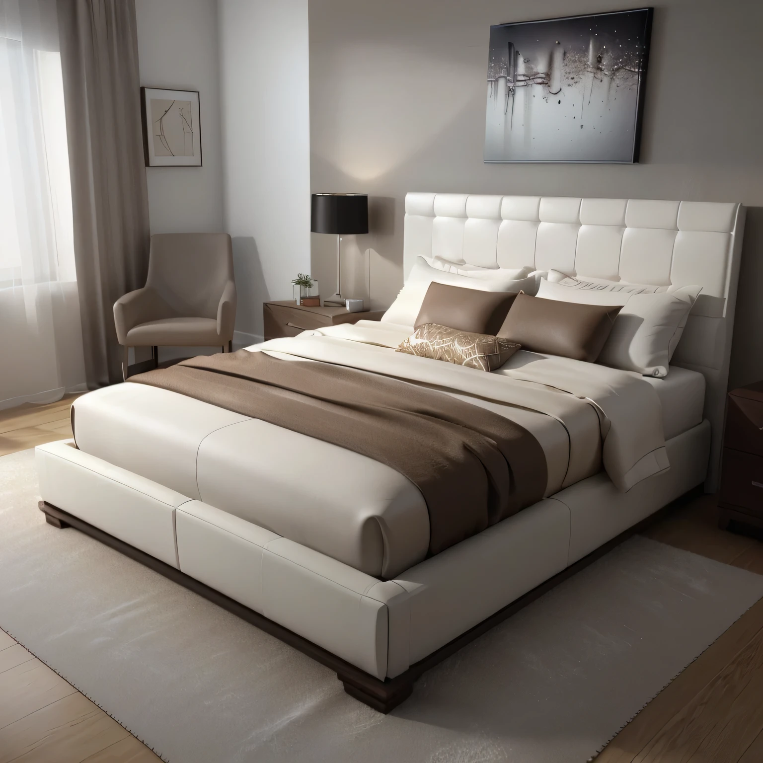 arafed bed with a white headboard and a brown blanket, high quality 3d render, high quality 3 d render, high quality rendering, white soft leather model, high quality render, elegant render, rendered in vray, highly detailed render, white bed, studio quality smooth render, depicted as a 3 d render, with 3d render, with 3 d render