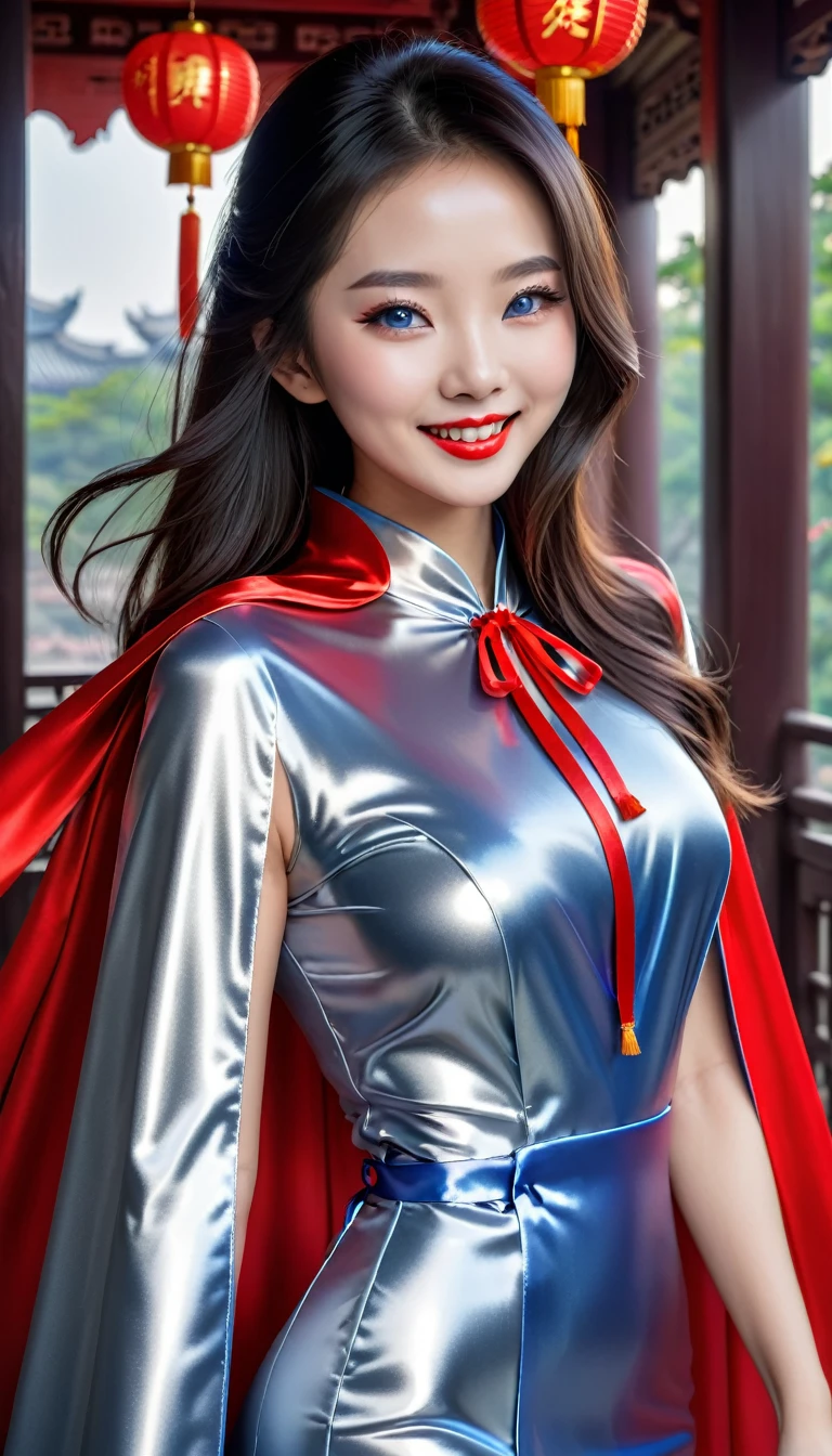 breathtakingly beautiful smiling Chinese girl , long hair , blue eyes , red lips ,(((wearing a long shiny silver cape tied at neck with ribbo)))+++ , cheongsam , full body , 8K , insane details, lifelike, elegant , DSLR ,HDR , film grain