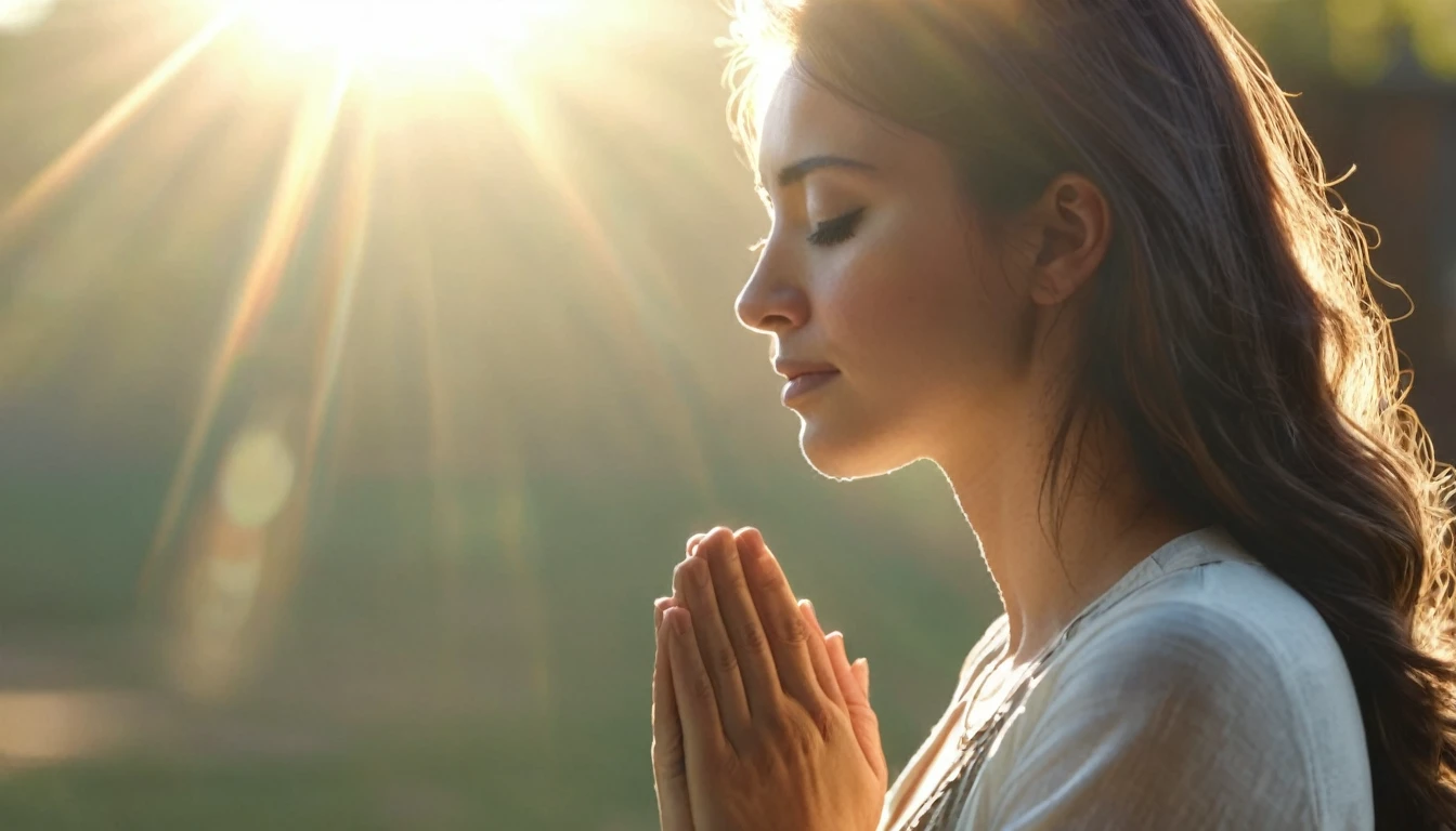 a 25 year old Americana woman in profile has her hands together praying, she is on her knees praying with her eyes closed, LIT WITH SUNLIGHT, ULTRA REALISTIC IMAGE, The style is a realistic photograph using a 50mm lens in 8k and applying contrast, 8K --ar 16:9 --s 1000 --v 6.0