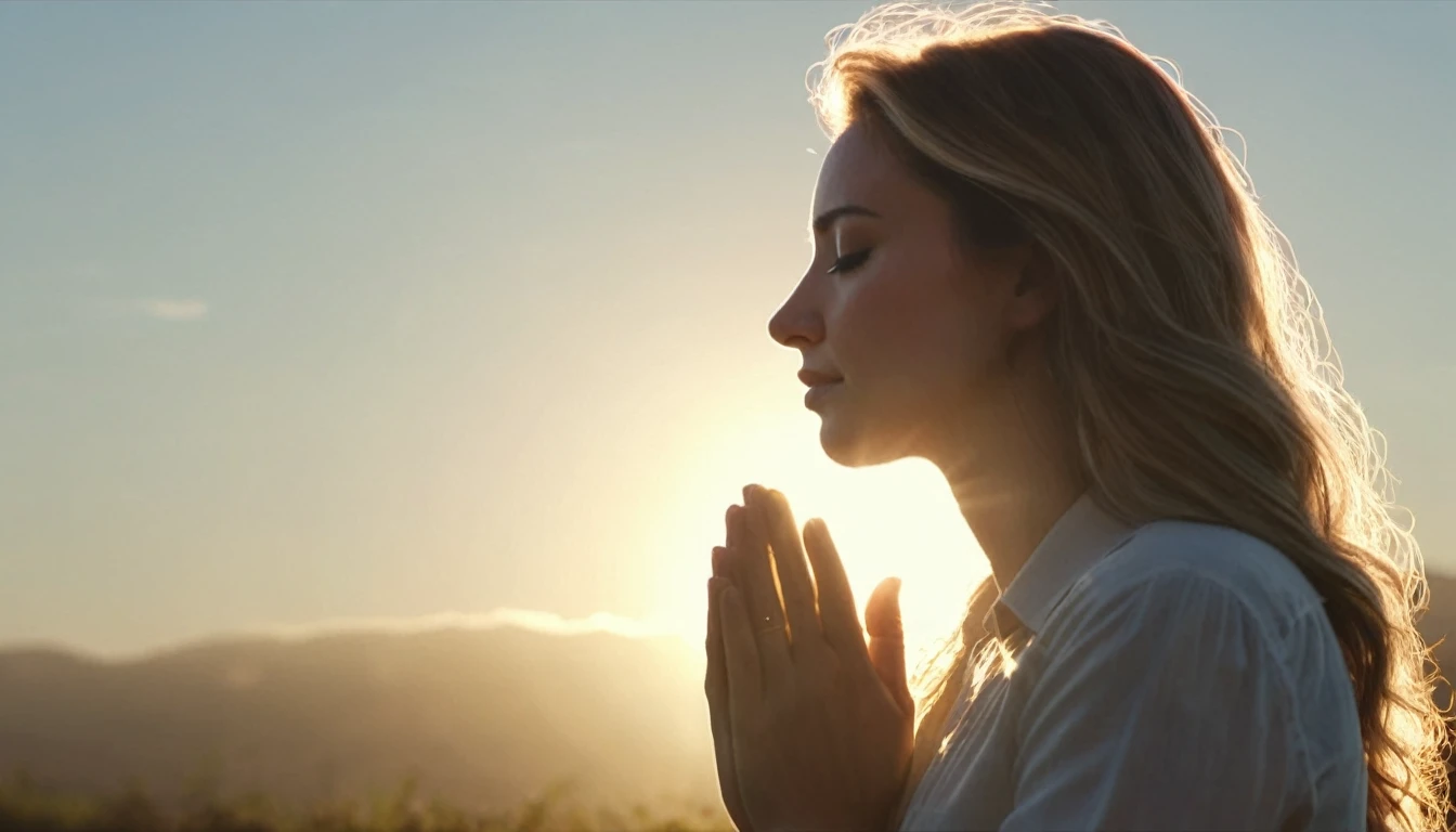 a 25 year old Americana woman in profile has her hands together praying, she is on her knees praying with her eyes closed, LIT WITH SUNLIGHT, ULTRA REALISTIC IMAGE, The style is a realistic photograph using a 50mm lens in 8k and applying contrast, 8K --ar 16:9 --s 1000 --v 6.0