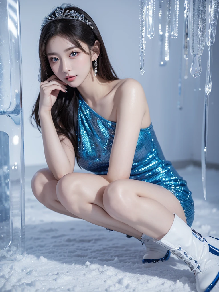 Beautiful woman wearing a blue mini dress with decorations on the shirt and visible shoulders and wearing boots and being photographed with a background And was in a room full of ice and snow ,Korean style swag, beautiful face so gorgeous, Beautiful eyes, y2k style