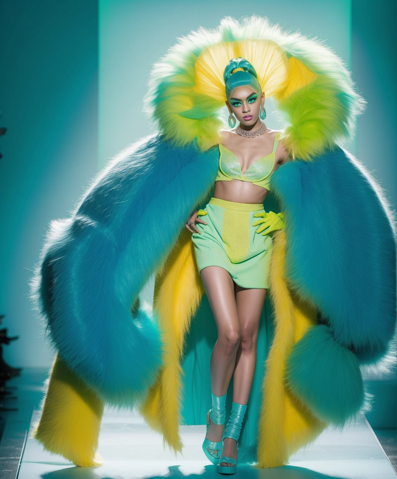 drag queens wearing turquoise yellow puffy jacket to the knee disproportional giant mint green mullet wig full body shot jewelry makeup green lighting neon back backdrop contemporary unusual design fashion runway
