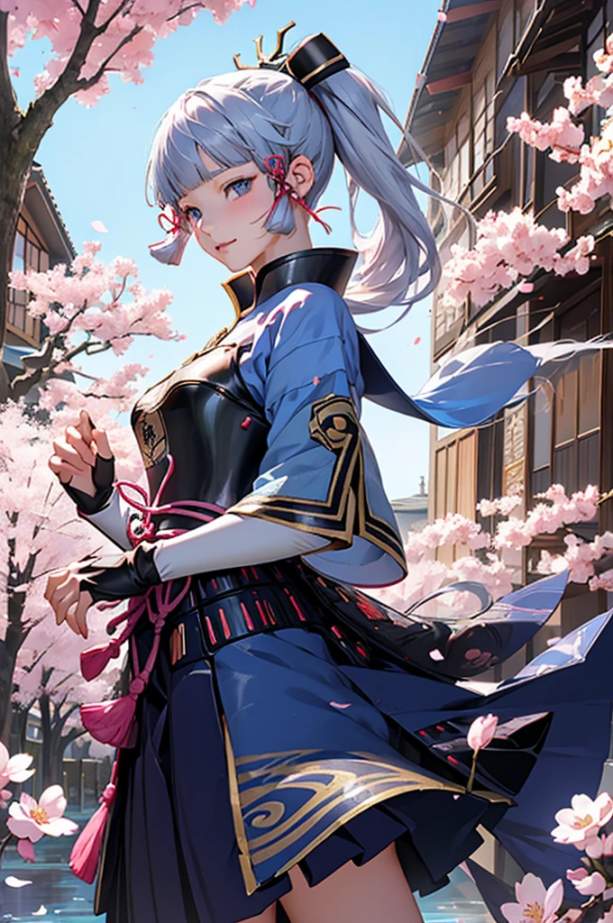 ((kamisatoayakadef)),1 Anime Girl, Warrior, Realistic people,Realistic, beautiful, smile, elegant, Majestic, Splash Art, Particles of light, Diamond Blade, Dynamic pose, ((fan、fanを持っている))((fanを広げる)),milky way, (Fractal Art:1.1),(Ice Flower:1.4), Most detailed,(抽象的なbackground:1.1), (Shiny skin), (Many colors:1.4), Ultra-high resolution,, masterpiece, Accurate, Anatomically correct, texture.(background:Cherry tree、Cherry Blossom、petal、Wind、旋Wind)
