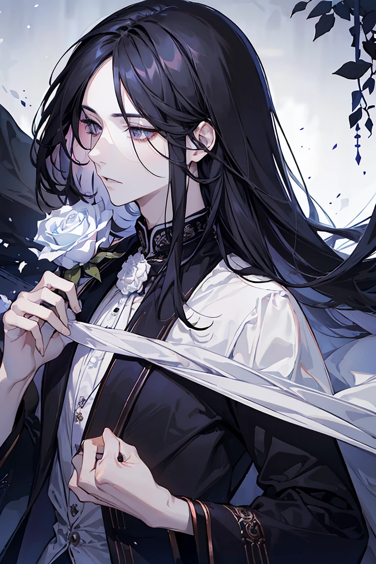 (best quality) (1 male), adult 25 years, ((long dim rose hair)), long disheveled pearl hair, (eyes is completely black, the white of the eye is black), pale skin, thorny vines crown entwine the hair, gentle delicate facial features, aristocrat's clothes, black cloak covers his head, half-body