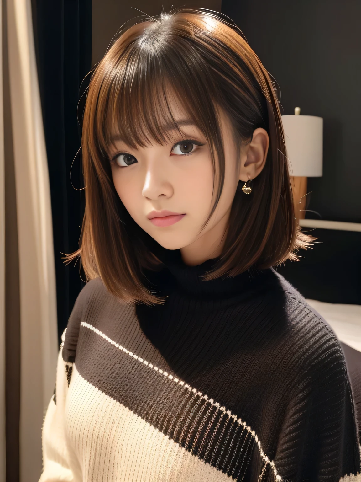 low light:1.3, Midnight, (Dark bedroom scene featuring a beautiful woman), darkness:1.2, shadow, (Ultra High Definition, Superior Quality, Premier Quality, ultra detailed, Photorealistic, 8k, RAW Photos, highest quality, masterpiece), Attractive girl, Stunning girl, Brown Hair, Shoulder Length Layered, asymmetrical bangs, K-pop Idol, Sophisticated, Stylish, white knit,