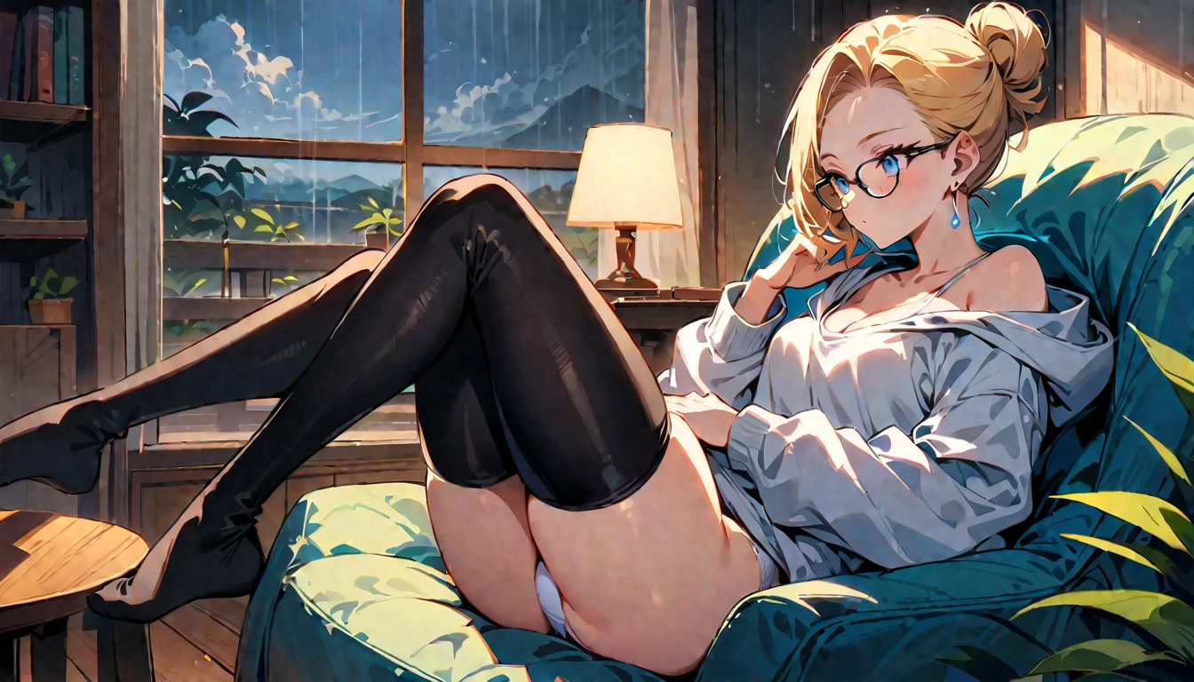 (masterpiece, best quality:1.2), solo, Android 18 from Dragon Ball, ((light gray hooded sweatshirt, Oversized hooded sweatshirt, long sleeve, black thin thigh highs, white panties)), thighs, midriff, small breasts, blonde hair, (single hair bun), ((blue eyes)), (wearing glasses), earrings on earlobes, slender feminine figure, narrow waistline, skinny body, (reading a book), cleavage, off shoulder, light blush, indoors, chill, room, hot coffee, window, organized, simple, white-based interior, a few plants, rain, cloudy sky, magnificent view, blur background, 4K, knees up, on the cute chair, (pale blue chair), legs apart,