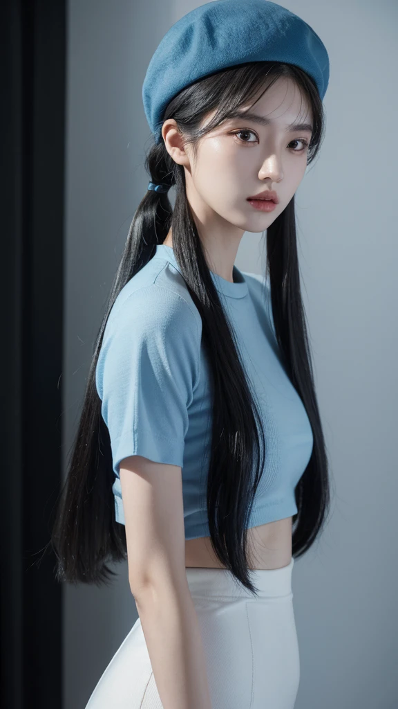 korean model , slim body , 167cm ，Movie Angle，long black ponytails hairstyle, （Cute girls，anatomy correct，blue tshirt），(blue beret hat)（ art，geomerty），（plethora of colorest quality，high detal，tmasterpiece，Cinematic lighting effects，4K，Chiaroscuro）